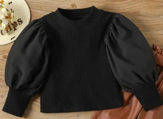 Girls Black Sweatshirt Brown Leather Pants Set 2023
