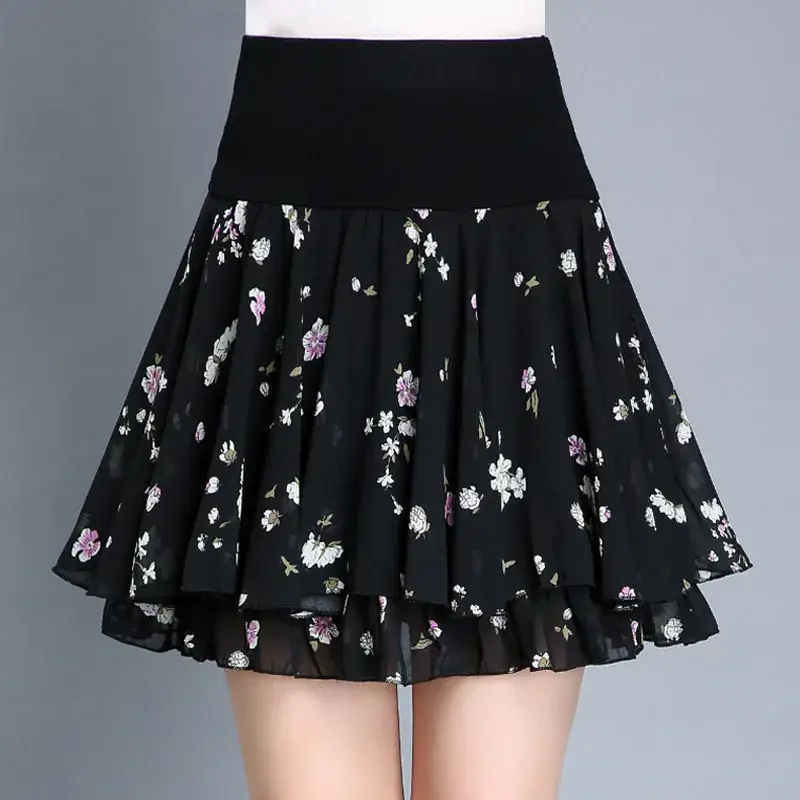 Anti-Exposure Printed Chiffon Floral Skirt High Waist Plus Size - Image 4