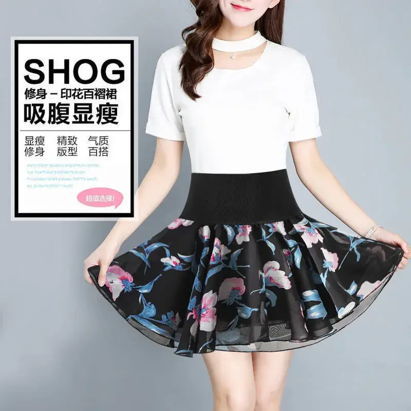 Anti-Exposure Printed Chiffon Floral Skirt High Waist Plus Size - Image 3