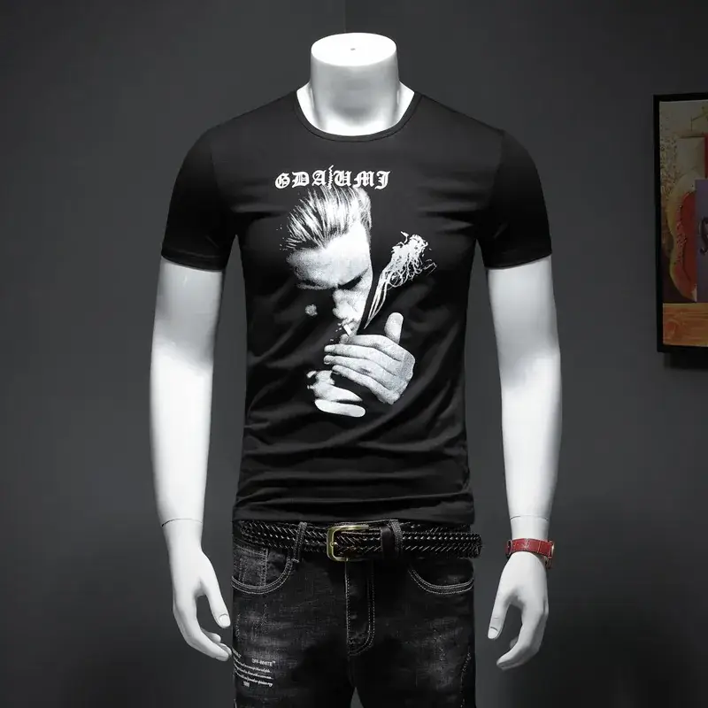 European Men's White Graphic T-Shirt Slim Fit Round Neck - Image 3