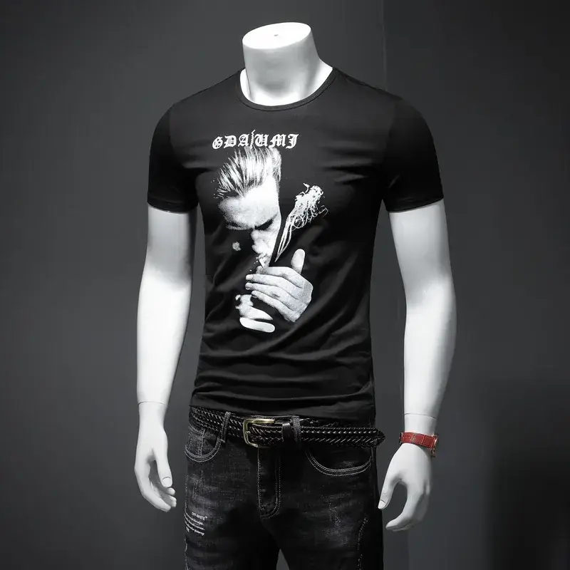 European Men's White Graphic T-Shirt Slim Fit Round Neck - Image 4