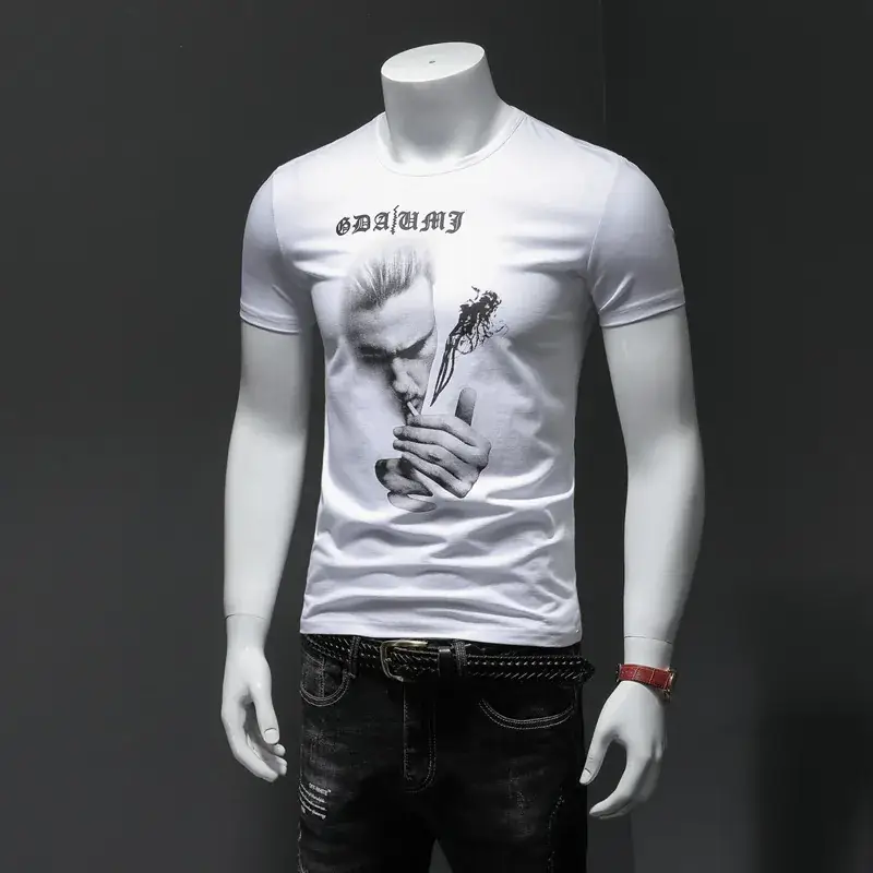 European Men's White Graphic T-Shirt Slim Fit Round Neck - Image 5