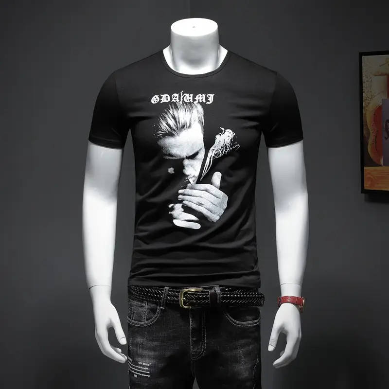 European Men's White Graphic T-Shirt Slim Fit Round Neck — feature 2