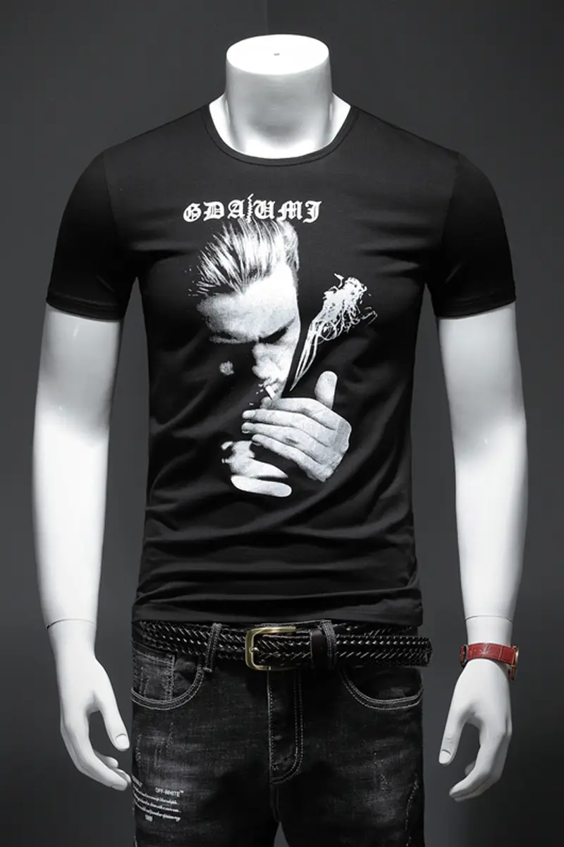 European Men's White Graphic T-Shirt Slim Fit Round Neck — feature 21