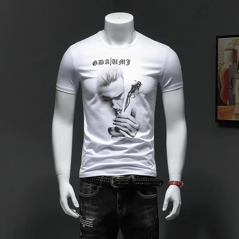 European Men's White Graphic T-Shirt Slim Fit Round Neck — feature 3
