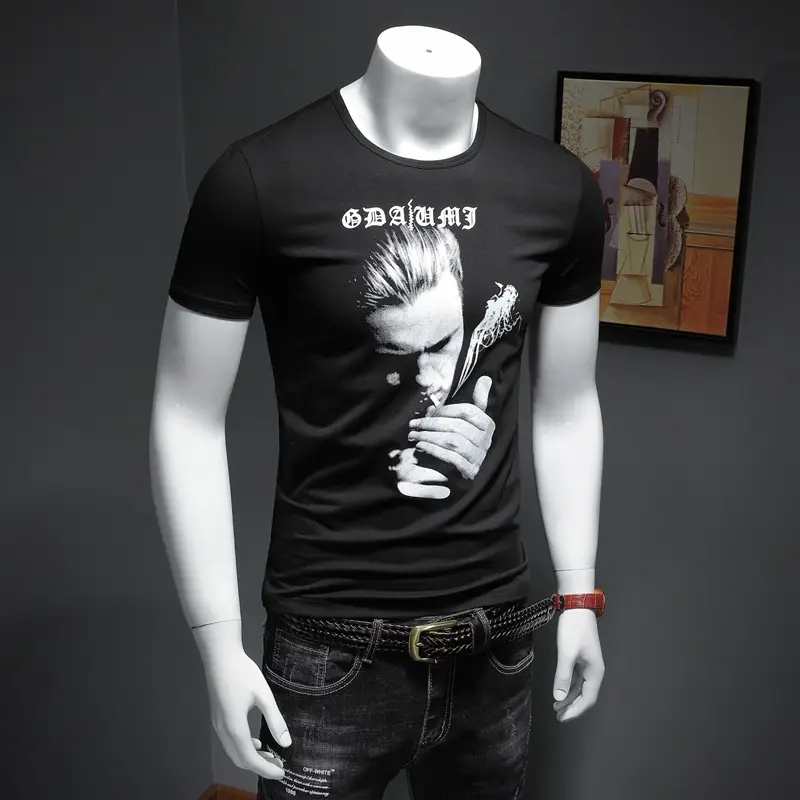 European Men's White Graphic T-Shirt Slim Fit Round Neck — feature 5