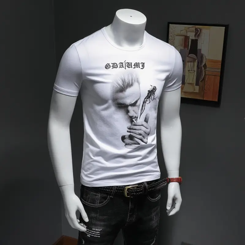 European Men's White Graphic T-Shirt Slim Fit Round Neck — feature 8