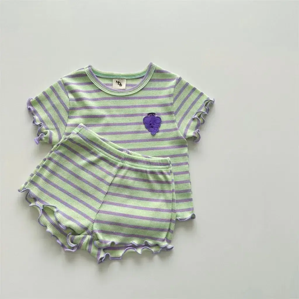 Korean Baby Striped Ear Edge Suit Grape Crewneck Two-Piece Set - Image 5