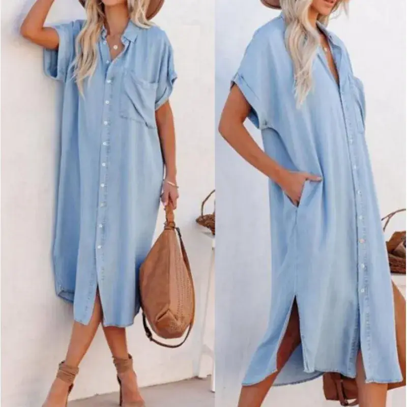 Blue Denim Short Sleeve Long Split Shirt Dress for Women - Image 3