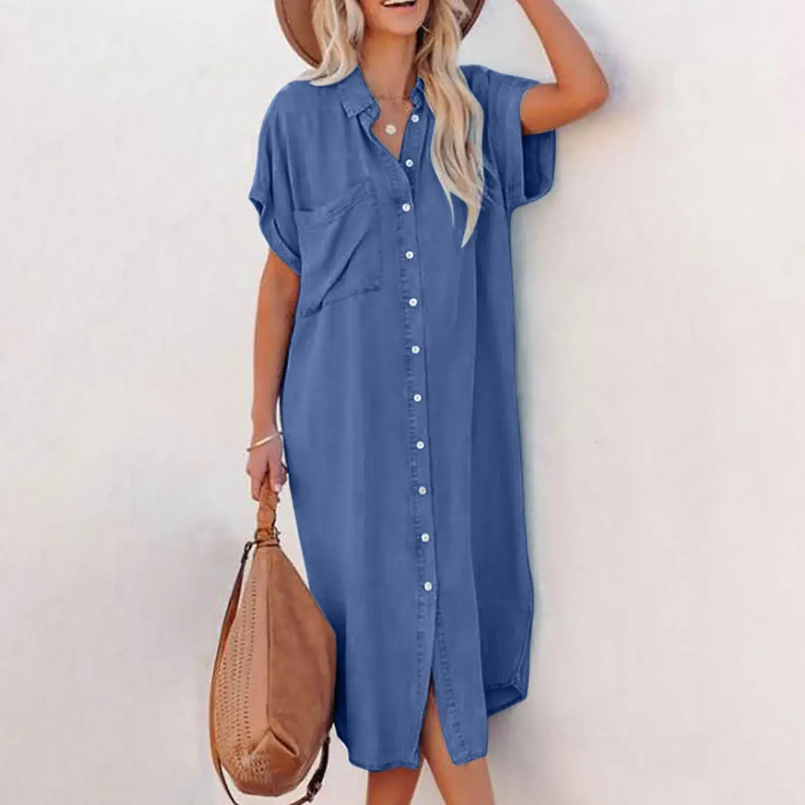 Blue Denim Short Sleeve Long Split Shirt Dress for Women - Image 4