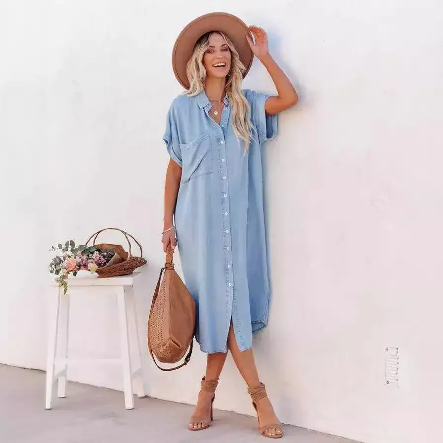 Blue Denim Short Sleeve Long Split Shirt Dress for Women - Image 5