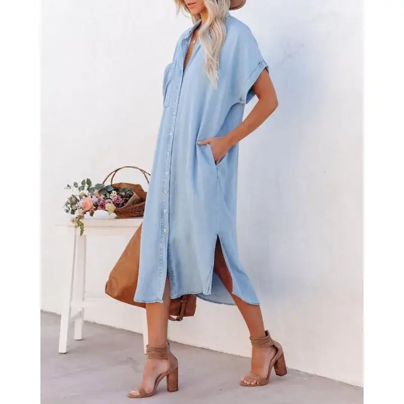 Blue Denim Short Sleeve Long Split Shirt Dress for Women - Image 6