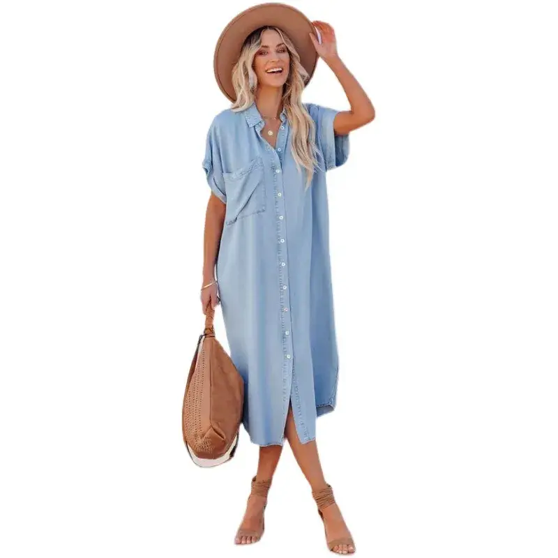 Blue Denim Short Sleeve Long Split Shirt Dress for Women - Image 7
