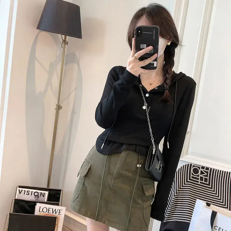 Women Hooded Long Sleeve Slim Fit T-Shirt New Spring Style — feature 5