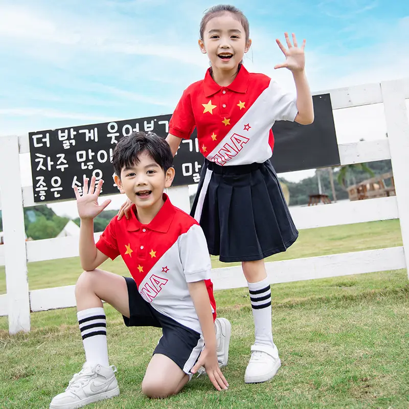 Children's Red Cotton Sports Suit Summer School Uniform - Image 27