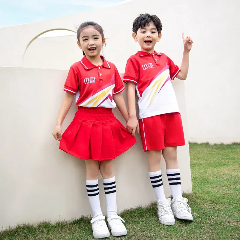 Children's Red Cotton Sports Suit Summer School Uniform - Image 28