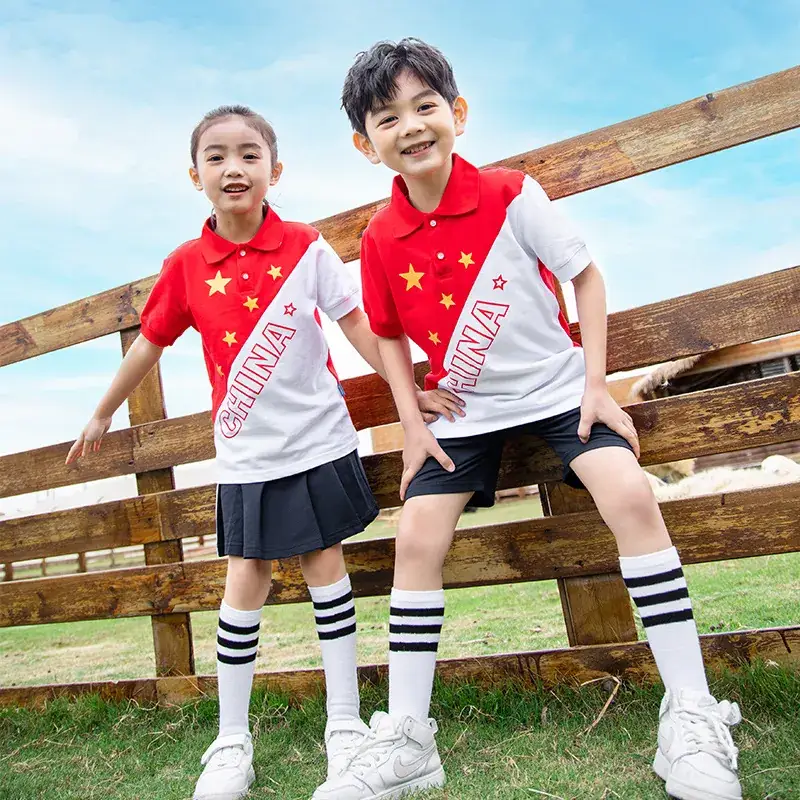 Children's Red Cotton Sports Suit Summer School Uniform - Image 29