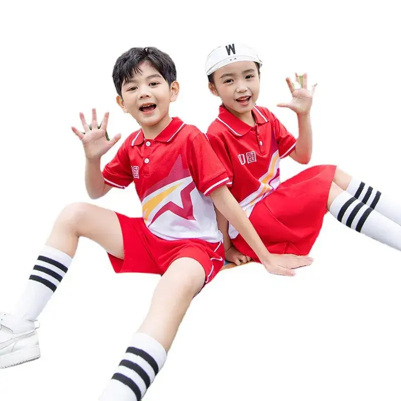 Children's Red Cotton Sports Suit Summer School Uniform - Image 30