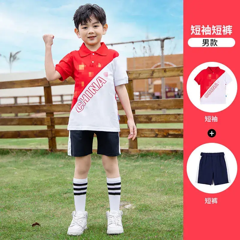 Children's Red Cotton Sports Suit Summer School Uniform - Image 20