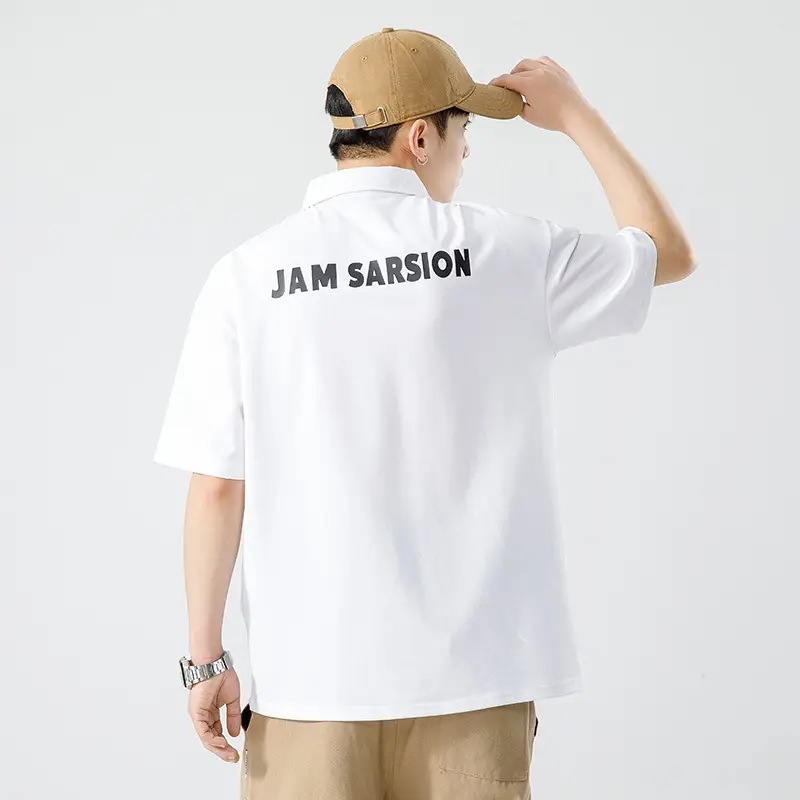 Men's White Japanese Style Polo Shirt Short Sleeve Casual Wear - Image 5