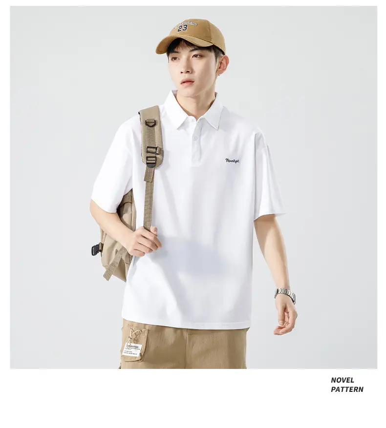 Men's White Japanese Style Polo Shirt Short Sleeve Casual Wear — feature 24