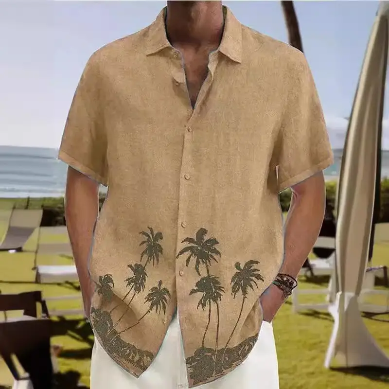 2023 Men's Printed Lapel Shirt Teal Palm Leaf Design - Image 6