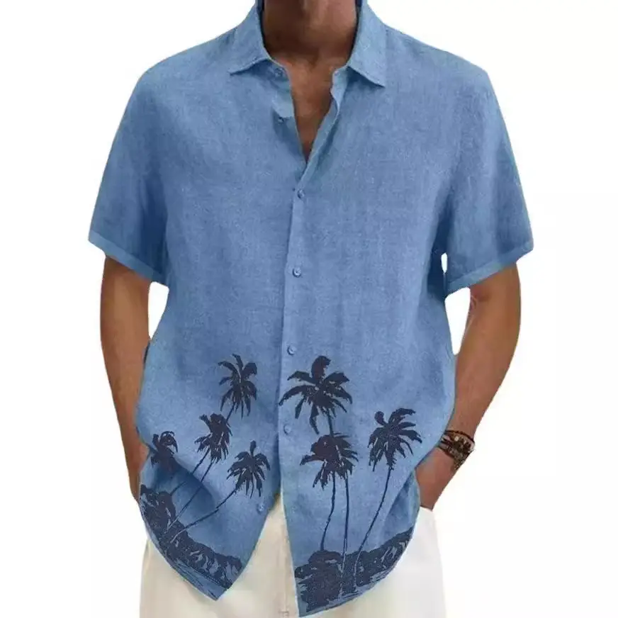 2023 Men's Printed Lapel Shirt Teal Palm Leaf Design - Image 7