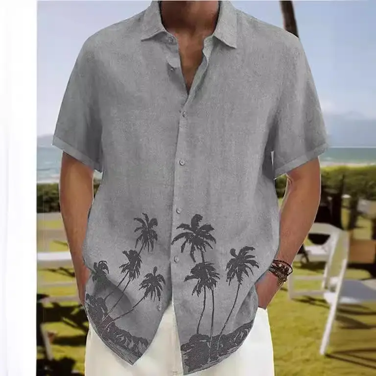 2023 Men's Printed Lapel Shirt Teal Palm Leaf Design - Image 8