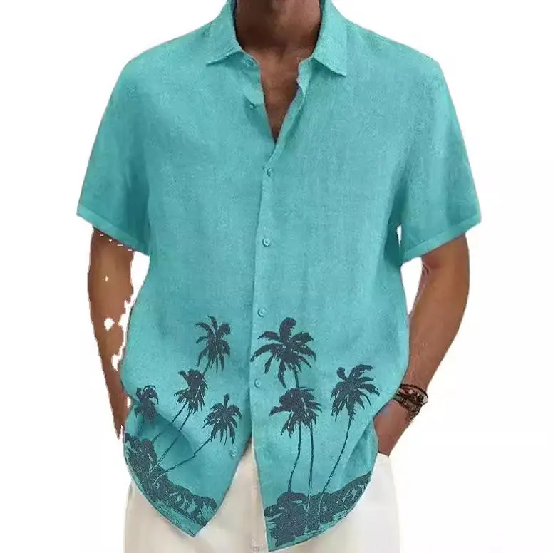 2023 Men's Printed Lapel Shirt Teal Palm Leaf Design - Image 9