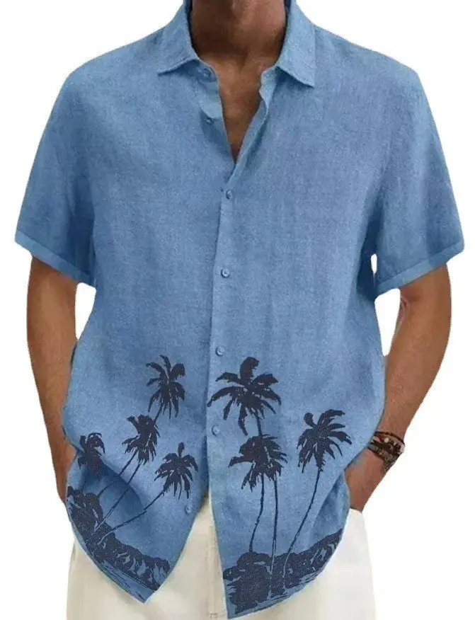 2023 Men's Printed Lapel Shirt Teal Palm Leaf Design — feature 2