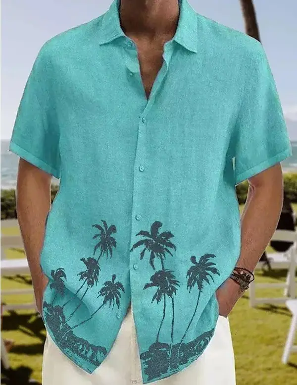 2023 Men's Printed Lapel Shirt Teal Palm Leaf Design — feature 3