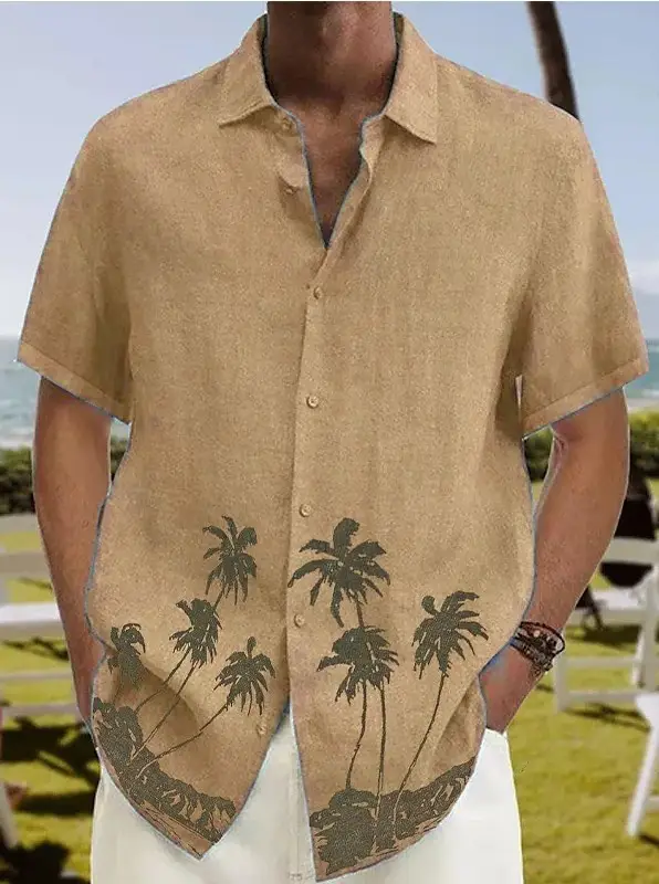 2023 Men's Printed Lapel Shirt Teal Palm Leaf Design - Image 2