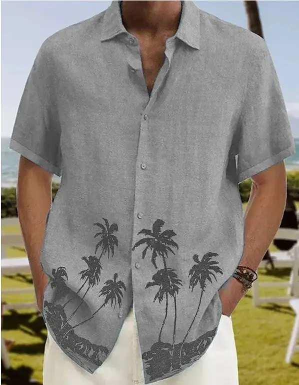 2023 Men's Printed Lapel Shirt Teal Palm Leaf Design - Image 3