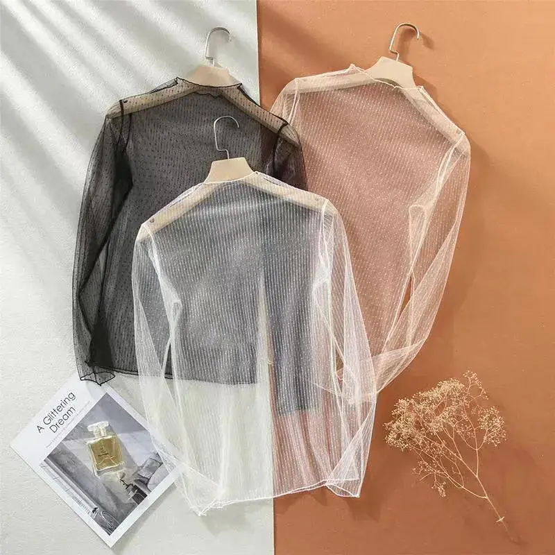 Women's Long Sleeve Mesh Top with Lace Base & Transparent Overlay - Image 6