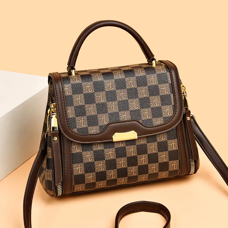 Korean Style Women's Handbag Brown Checkered Shoulder Crossbody - Image 4