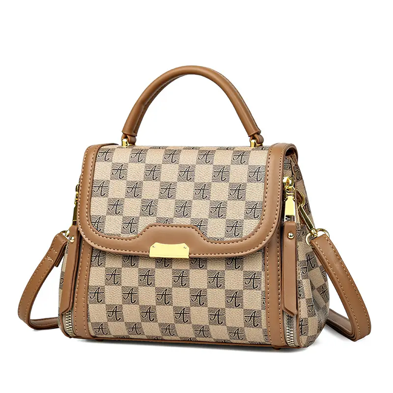 Korean Style Women's Handbag Brown Checkered Shoulder Crossbody - Image 7