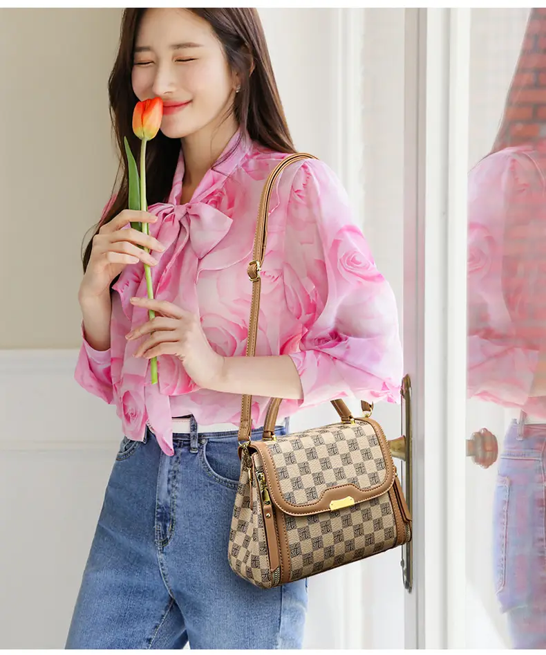 Korean Style Women's Handbag Brown Checkered Shoulder Crossbody — feature 14