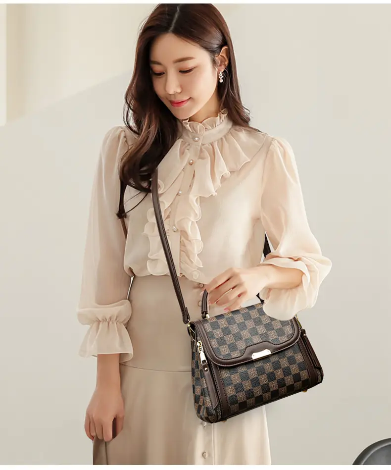 Korean Style Women's Handbag Brown Checkered Shoulder Crossbody — feature 15