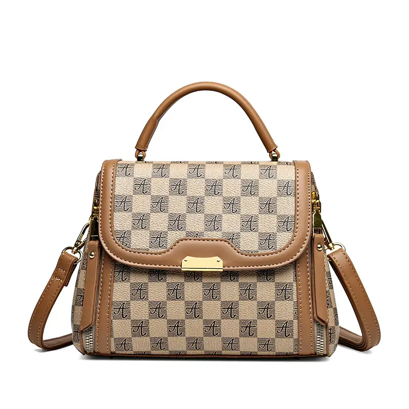 Korean Style Women's Handbag Brown Checkered Shoulder Crossbody - Image 2