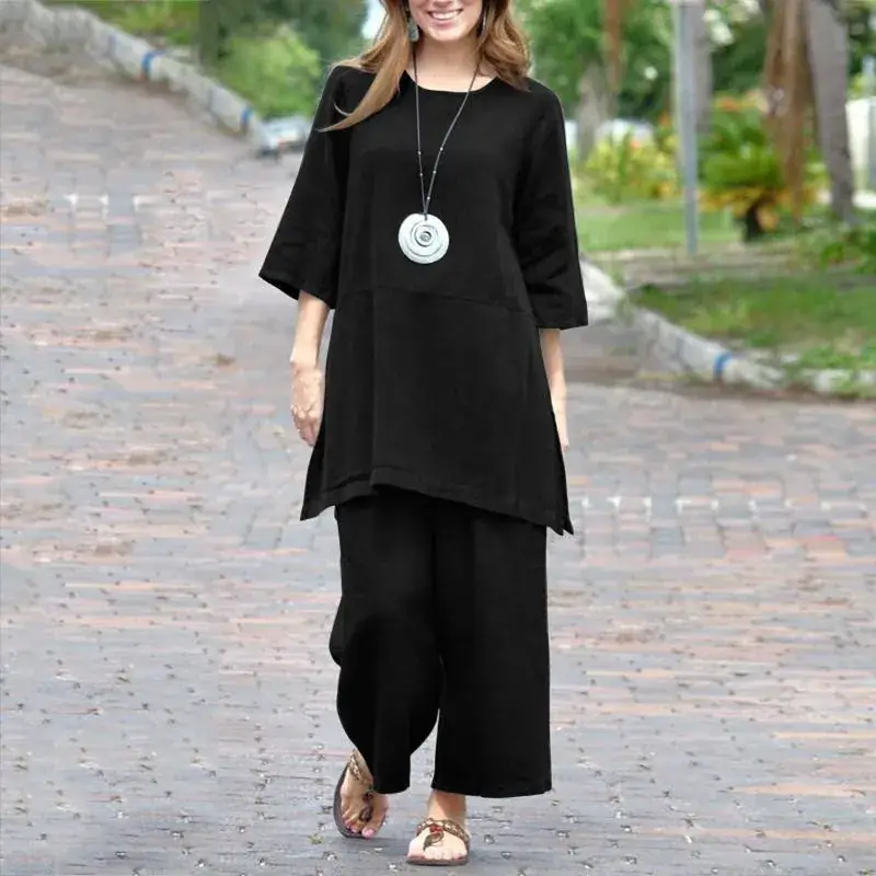 2023 Women's Cotton Linen Long Sleeve Pants Set Large - Image 5