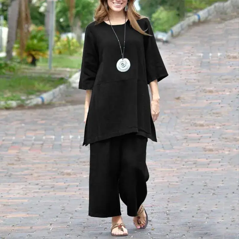2023 Women's Cotton Linen Long Sleeve Pants Set Large - Image 6