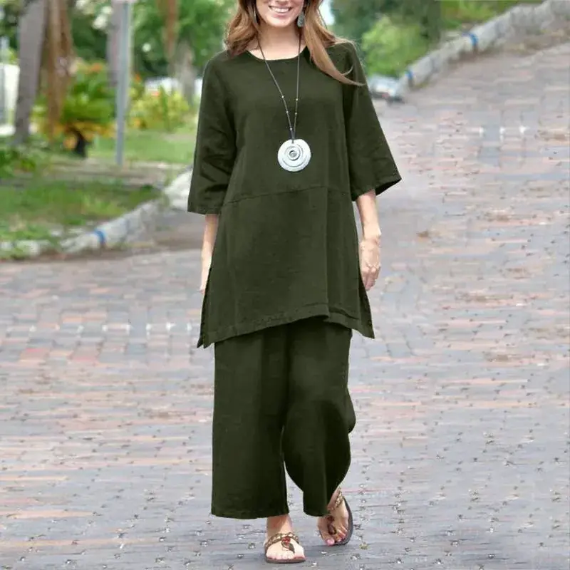 2023 Women's Cotton Linen Long Sleeve Pants Set Large - Image 2
