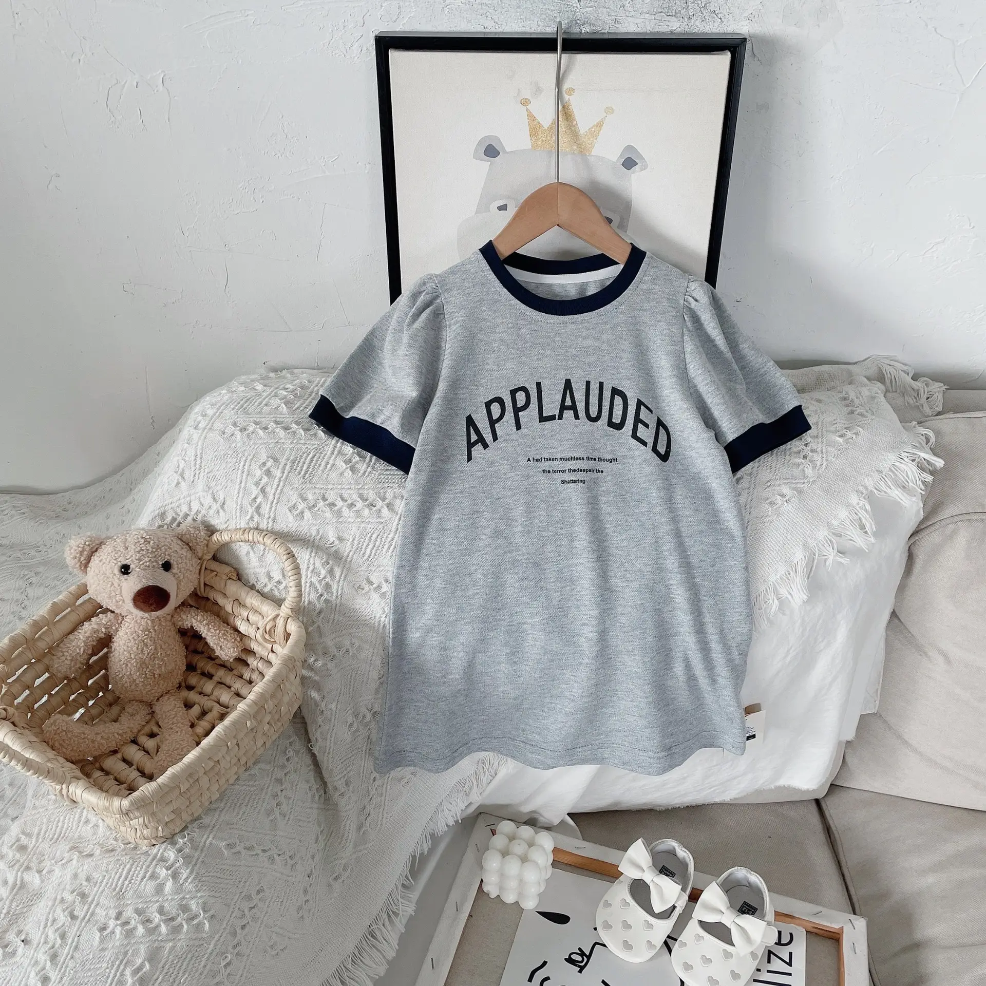 Girls Grey Letter Print Short Sleeve Summer Dress - Image 3