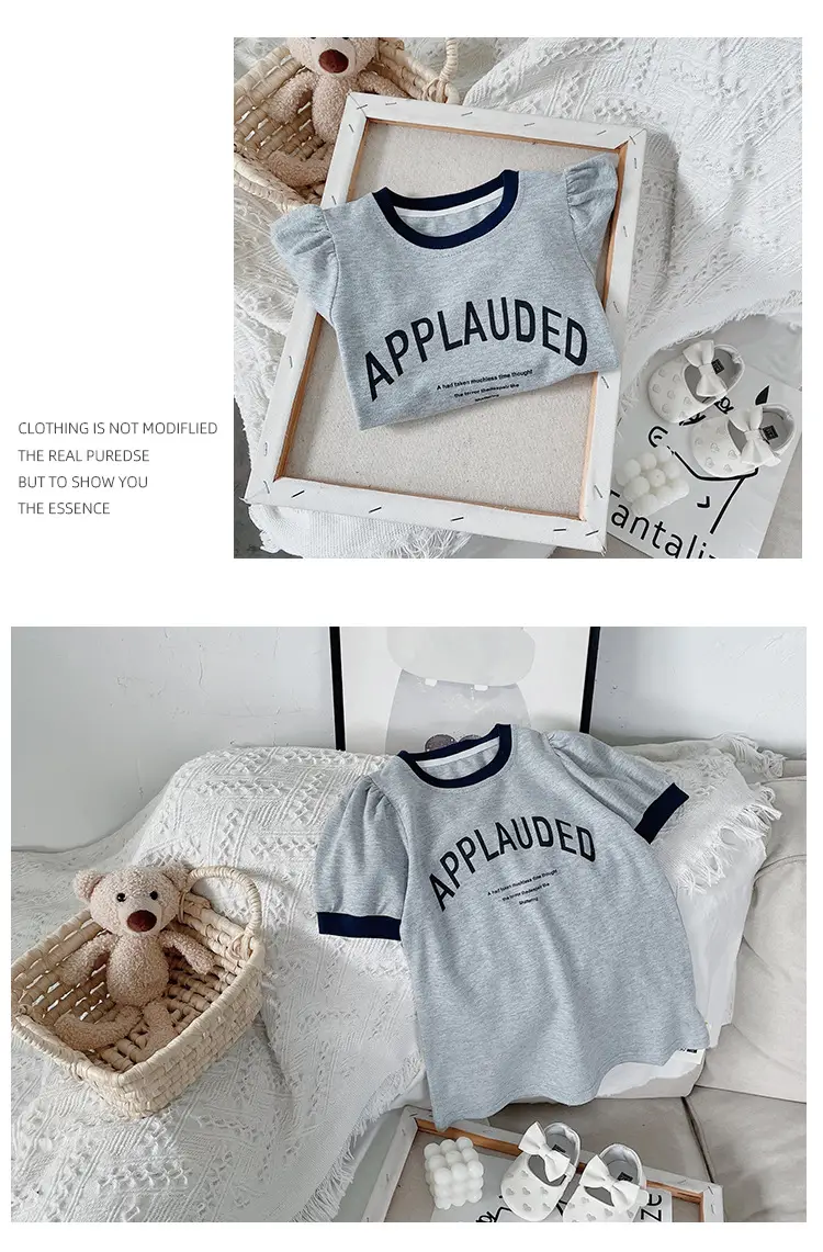 Girls Grey Letter Print Short Sleeve Summer Dress — feature 8