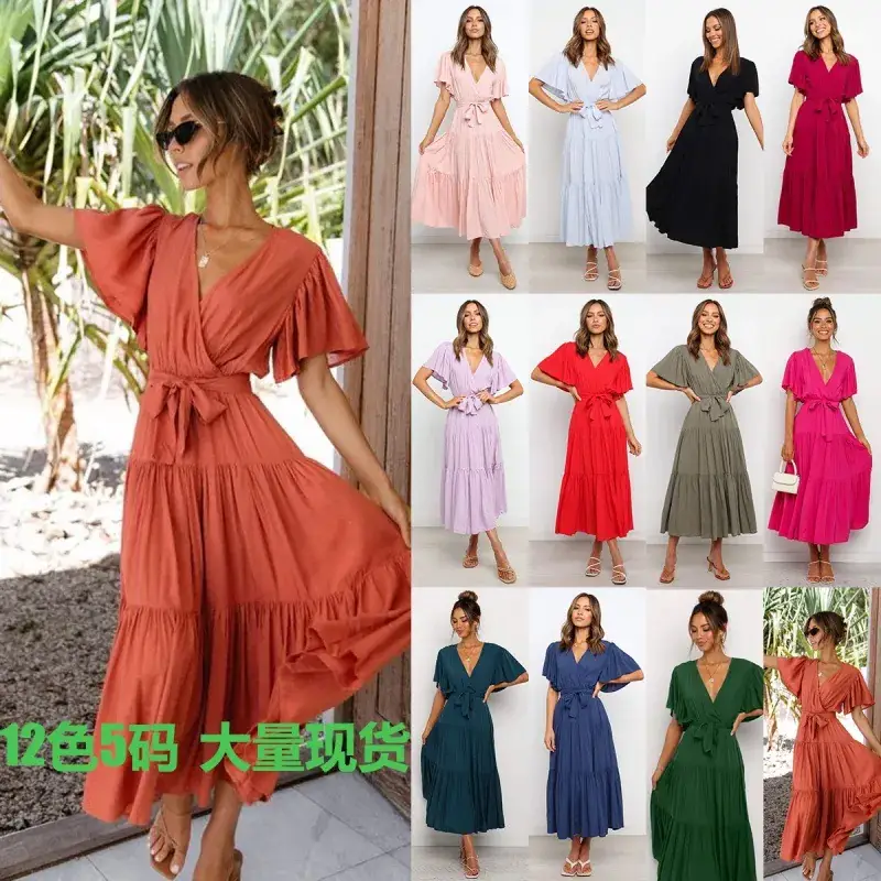 New V-Neck Commuter Dress Red Short Sleeve Tight Waist - Image 13