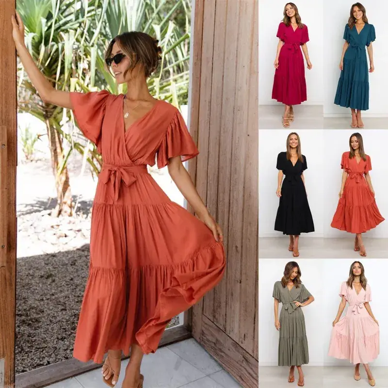 New V-Neck Commuter Dress Red Short Sleeve Tight Waist - Image 14