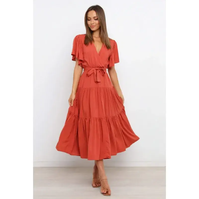 New V-Neck Commuter Dress Red Short Sleeve Tight Waist - Image 12