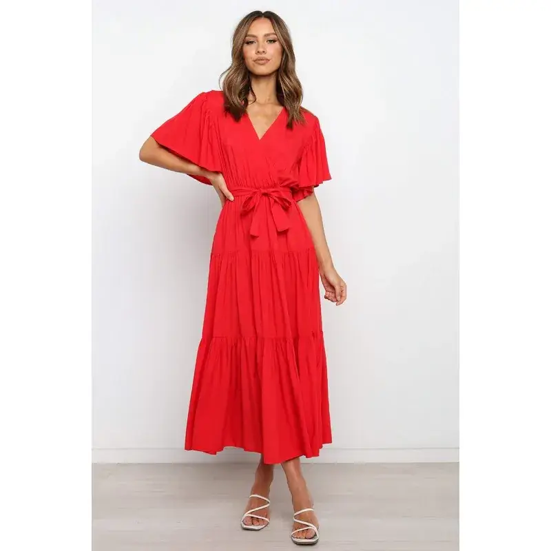 New V-Neck Commuter Dress Red Short Sleeve Tight Waist - Image 3