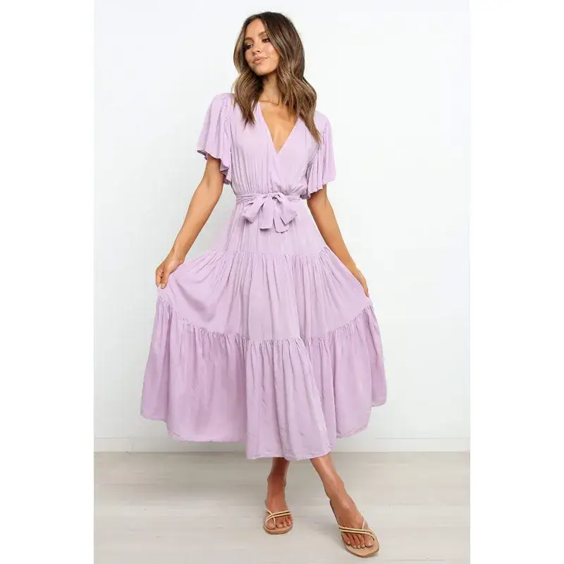 New V-Neck Commuter Dress Red Short Sleeve Tight Waist - Image 5