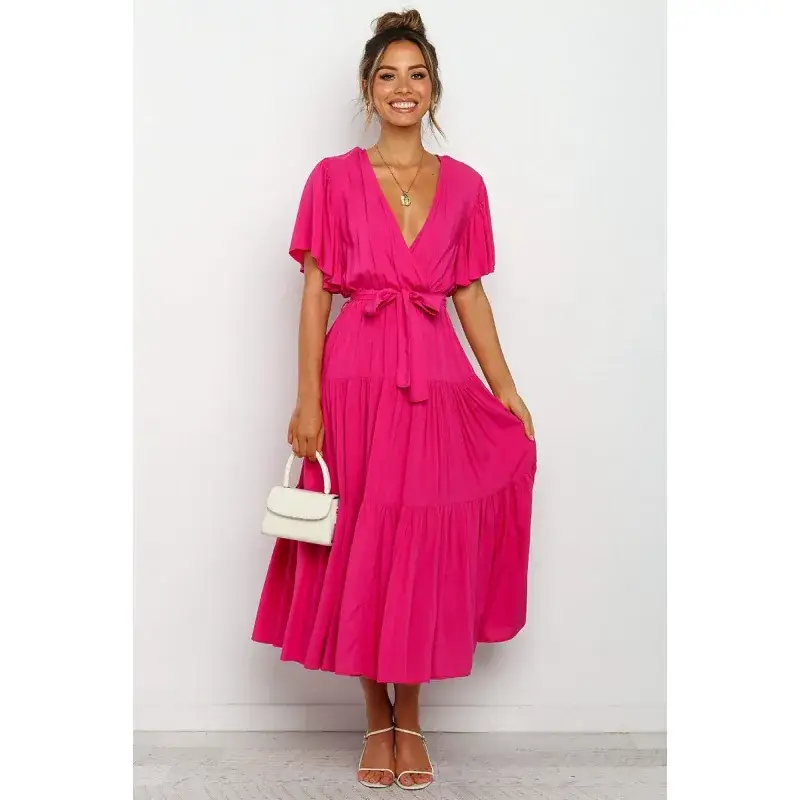 New V-Neck Commuter Dress Red Short Sleeve Tight Waist - Image 8